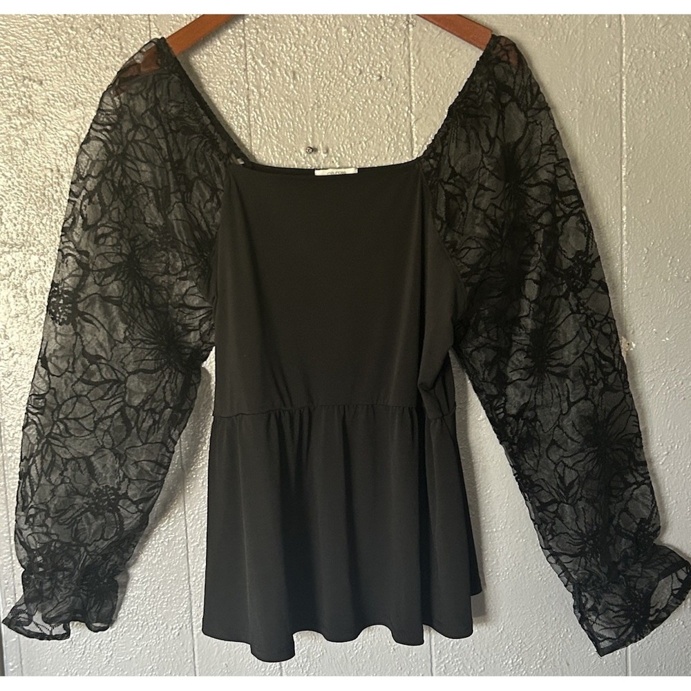 Maurice's Black Top with Ruched Velvet Burnout Long Floral Puff Sleeves Size XL